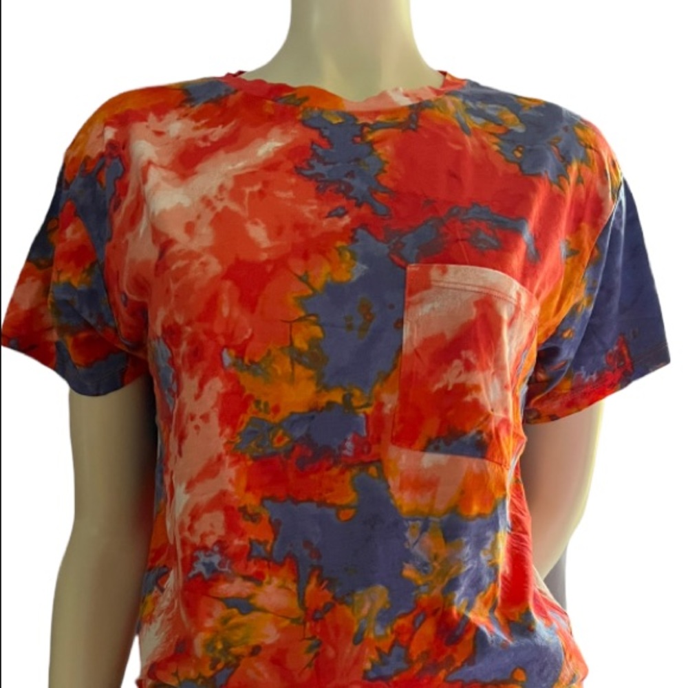 Ambiance | Women’s Shirt Blue - Red -  Orange Tie Dye Chest Pocket Basic Shirt - Picture 5 of 16